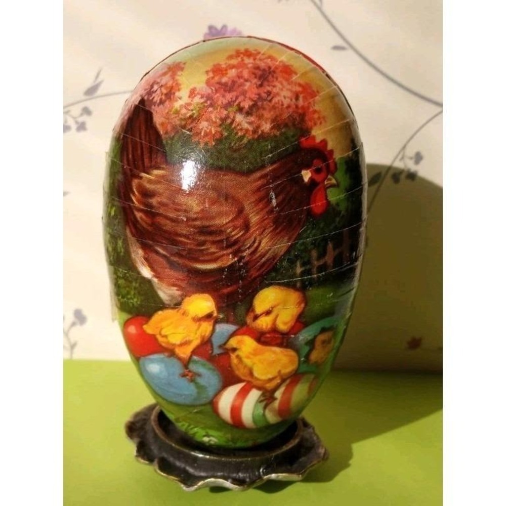 Vintage West German Paper‎ Mache Easter Egg 4" Candy Box Brown Hen Baby Chicks